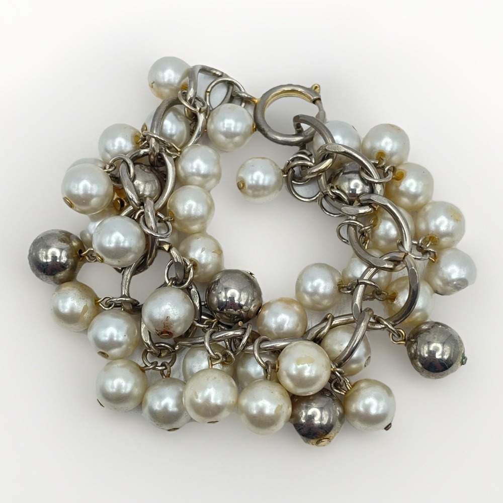 Vintage Faux Pearl Multi Strand Bracelet Gold Tone Curb Link Charm Bracelet